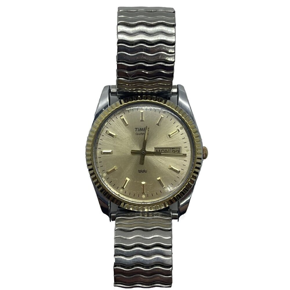 Vintage TIMEX Men's Two Tone Watch T B0 Stainless Steel Stretch Spiedel Bracelet